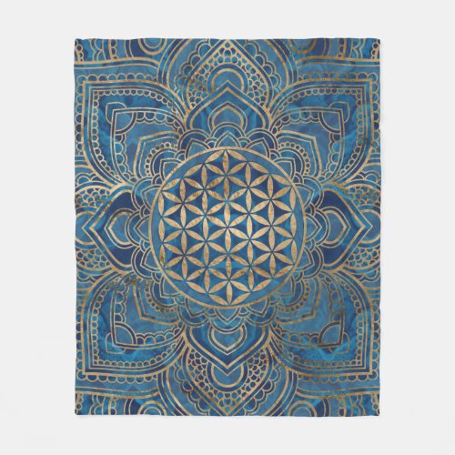 Flower of Life in Lotus _ Blue Marble and Gold Fleece Blanket