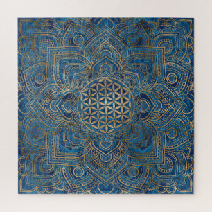 Flower of Life in Lotus - Blue Marble and Gold Jigsaw Puzzle