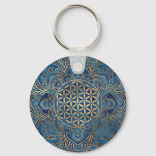 Flower of Life in Lotus - Blue Marble and Gold Keychain