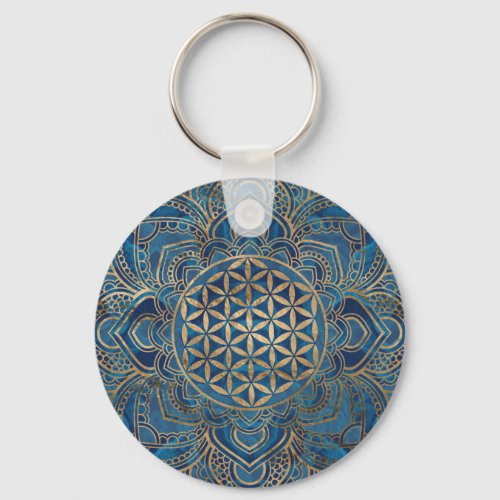 Flower of Life in Lotus _ Blue Marble and Gold Keychain