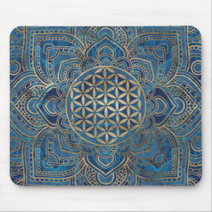 Flower of Life in Lotus - Blue Marble and Gold Mouse Pad