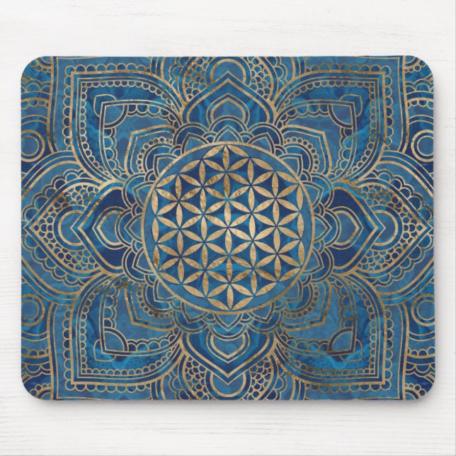 Flower of Life in Lotus - Blue Marble and Gold Mouse Pad (Front)