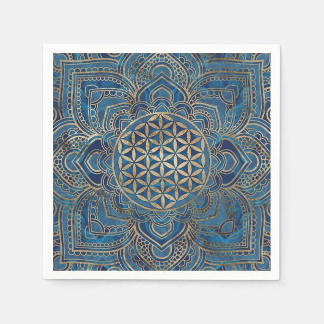 Flower of Life in Lotus - Blue Marble and Gold Napkins (Front)