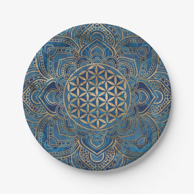 Flower of Life in Lotus - Blue Marble and Gold Paper Plates (Front)