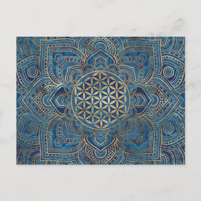 Flower of Life in Lotus - Blue Marble and Gold Postcard (Front)
