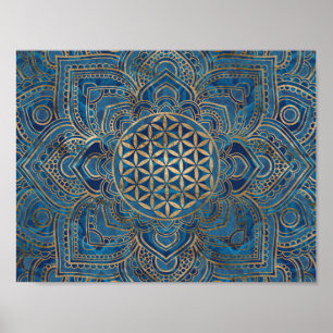 Flower of Life in Lotus - Blue Marble and Gold Poster