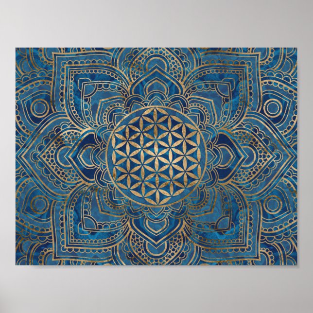 Flower of Life in Lotus - Blue Marble and Gold Poster (Front)