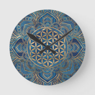 Flower of Life in Lotus - Blue Marble and Gold Round Clock