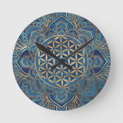 Flower of Life in Lotus _ Blue Marble and Gold Round Clock