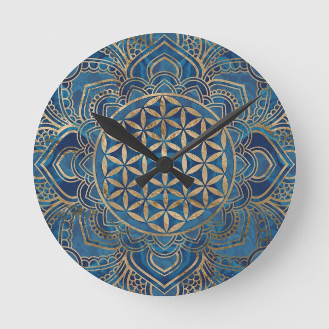 Flower of Life in Lotus - Blue Marble and Gold Round Clock (Front)