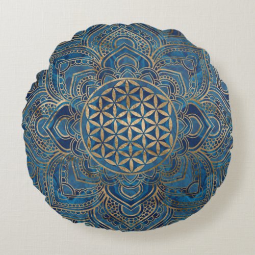 Flower of Life in Lotus _ Blue Marble and Gold Round Pillow