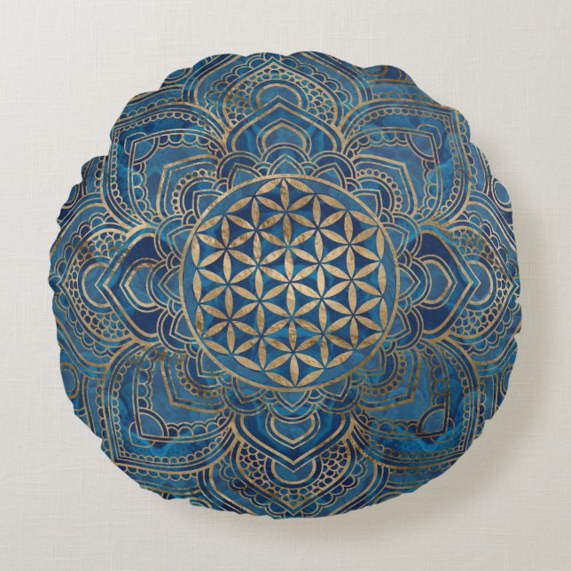 Flower of Life in Lotus - Blue Marble and Gold Round Pillow (Front)