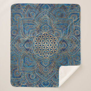 Flower of Life in Lotus - Blue Marble and Gold Sherpa Blanket