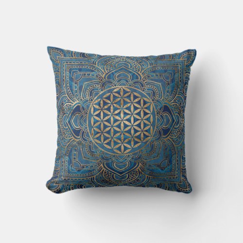 Flower of Life in Lotus _ Blue Marble and Gold Throw Pillow