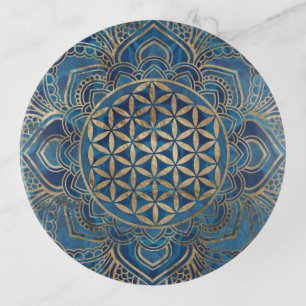 Flower of Life in Lotus - Blue Marble and Gold Trinket Tray
