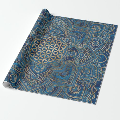 Flower of Life in Lotus _ Blue Marble and Gold Wrapping Paper