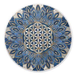 Flower of Life in Lotus - Blue Marble and Pearl Ceramic Knob