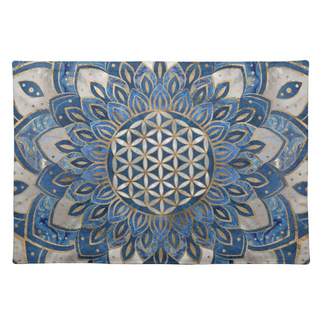 Flower of Life in Lotus - Blue Marble and Pearl Cloth Placemat (Front)