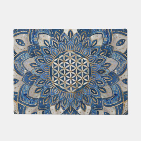 Flower Of Life In Lotus - Blue Marble And Pearl Doormat