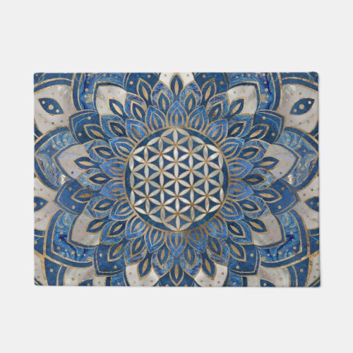Flower of Life in Lotus _ Blue Marble and Pearl Doormat