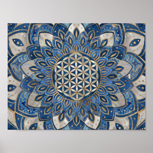 Flower of Life in Lotus _ Blue Marble and Pearl Poster