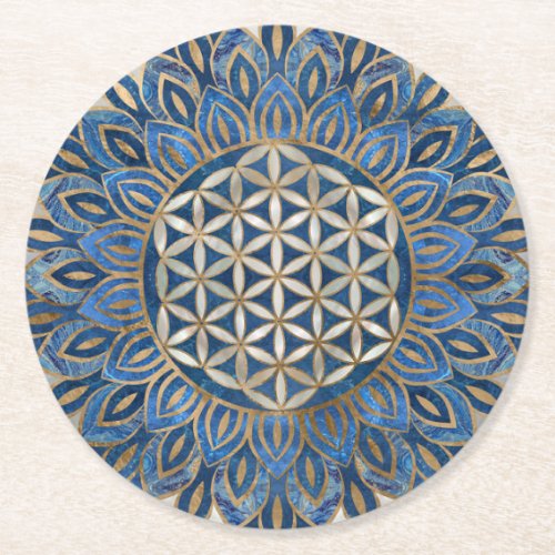 Flower of Life in Lotus _ Blue Marble and Pearl Round Paper Coaster