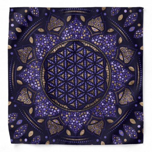Flower of Life in Lotus Dot Art purples and gold Bandana