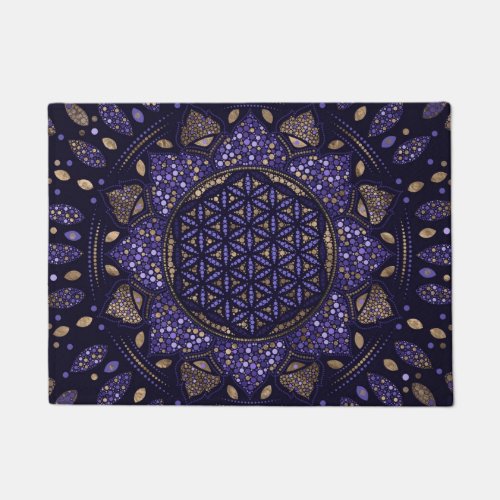 Flower of Life in Lotus Dot Art purples and gold Doormat