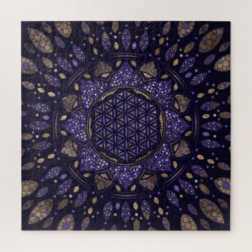 Flower of Life in Lotus Dot Art purples and gold Jigsaw Puzzle