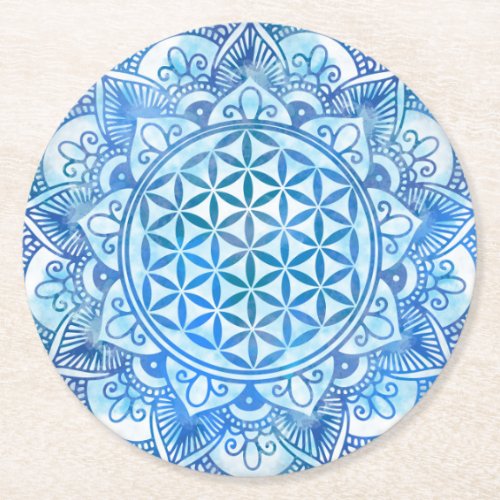 Flower of Life in Lotus _ Gentle Sky Blue Round Paper Coaster