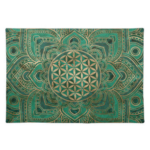 Flower of Life in Lotus - Malachite and gold Cloth Placemat