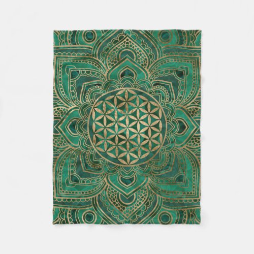 Flower of Life in Lotus _ Malachite and gold Fleece Blanket