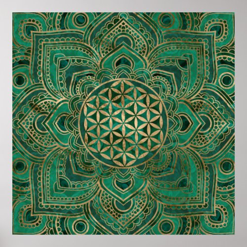 Flower of Life in Lotus _ Malachite and gold Poster