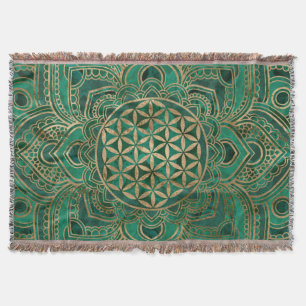 Flower of Life in Lotus - Malachite and gold Throw Blanket