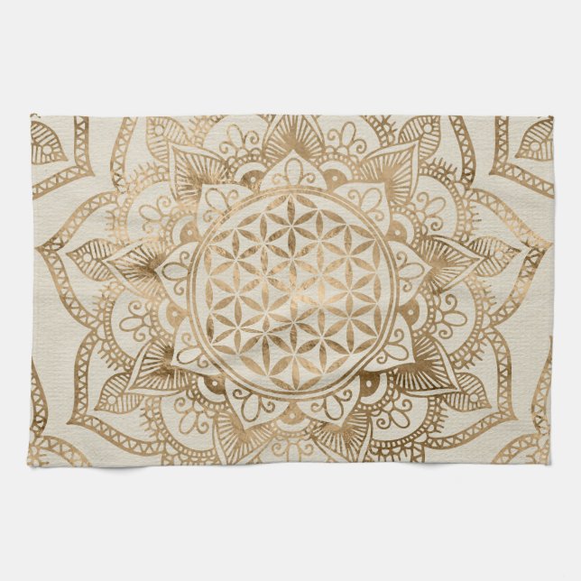 Flower of Life in Lotus - pastel golds and canvas Kitchen Towel (Horizontal)