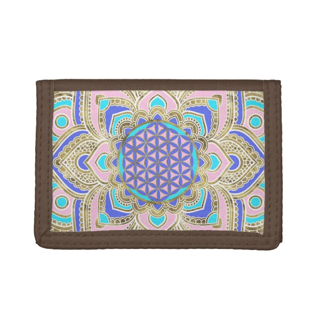 Flower of Life in Lotus Pastels and Gold Trifold Wallet (Front)