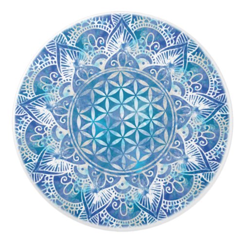 Flower of Life in Lotus _ Watercolor Blue Ceramic Knob