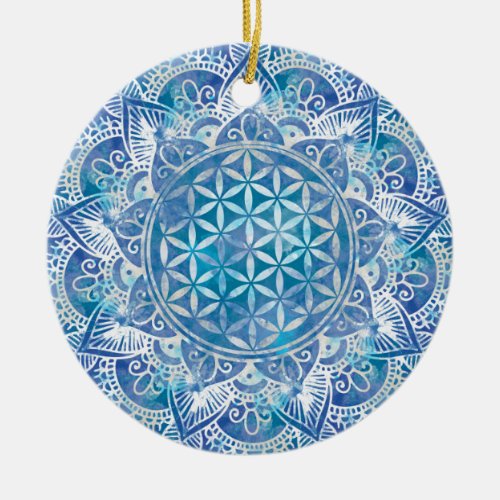Flower of Life in Lotus _ Watercolor Blue Ceramic Ornament