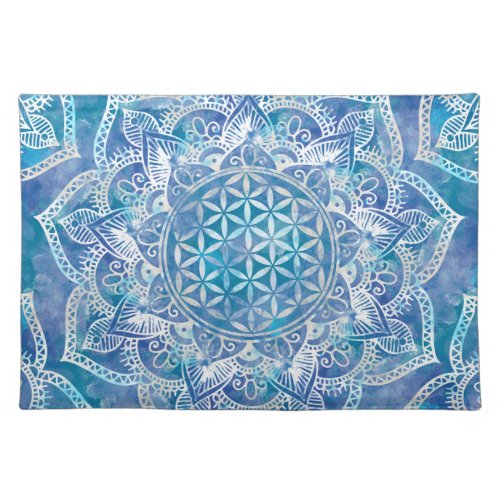 Flower of Life in Lotus _ Watercolor Blue Cloth Placemat