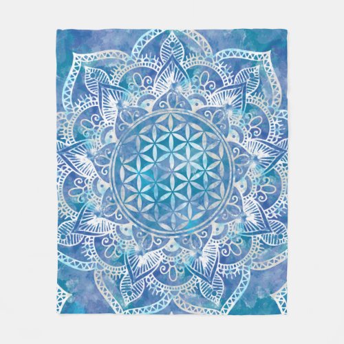 Flower of Life in Lotus _ Watercolor Blue Fleece Blanket