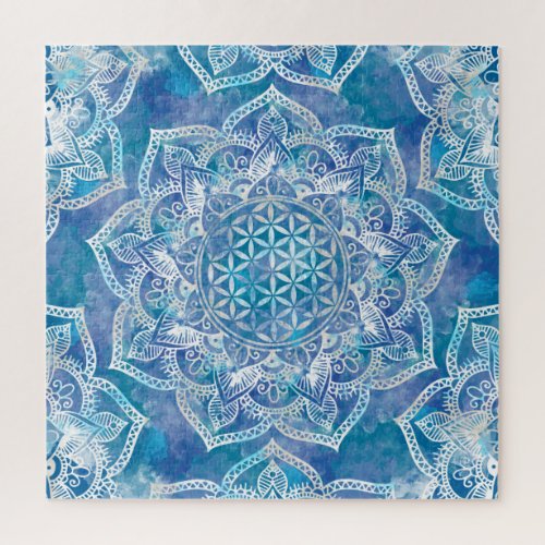 Flower of Life in Lotus _ Watercolor Blue Jigsaw Puzzle