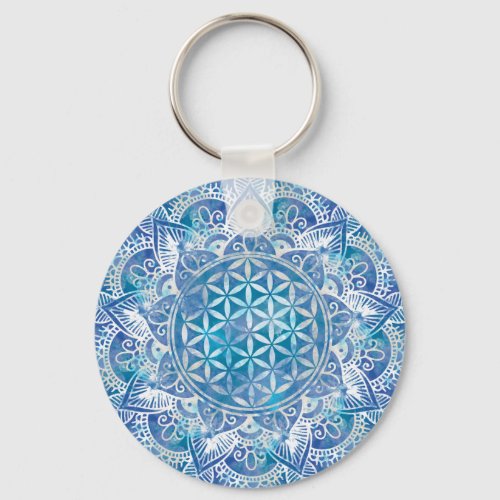 Flower of Life in Lotus _ Watercolor Blue Keychain