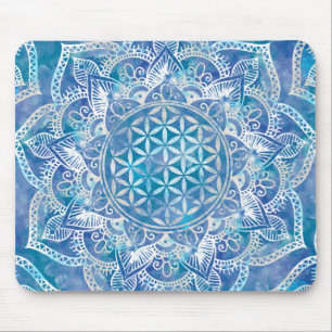 Flower of Life in Lotus - Watercolor Blue Mouse Pad