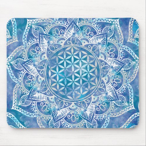 Flower of Life in Lotus _ Watercolor Blue Mouse Pad