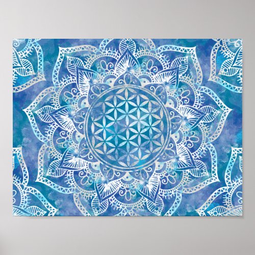 Flower of Life in Lotus _ Watercolor Blue Poster