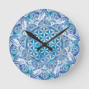 Flower of Life in Lotus - Watercolor Blue Round Clock