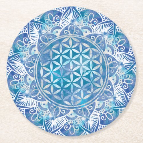 Flower of Life in Lotus _ Watercolor Blue Round Paper Coaster