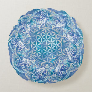 Flower of Life in Lotus - Watercolor Blue Round Pillow