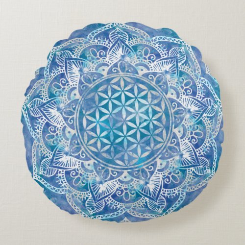 Flower of Life in Lotus _ Watercolor Blue Round Pillow