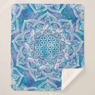 Flower of Life in Lotus - Watercolor Blue Sherpa Blanket